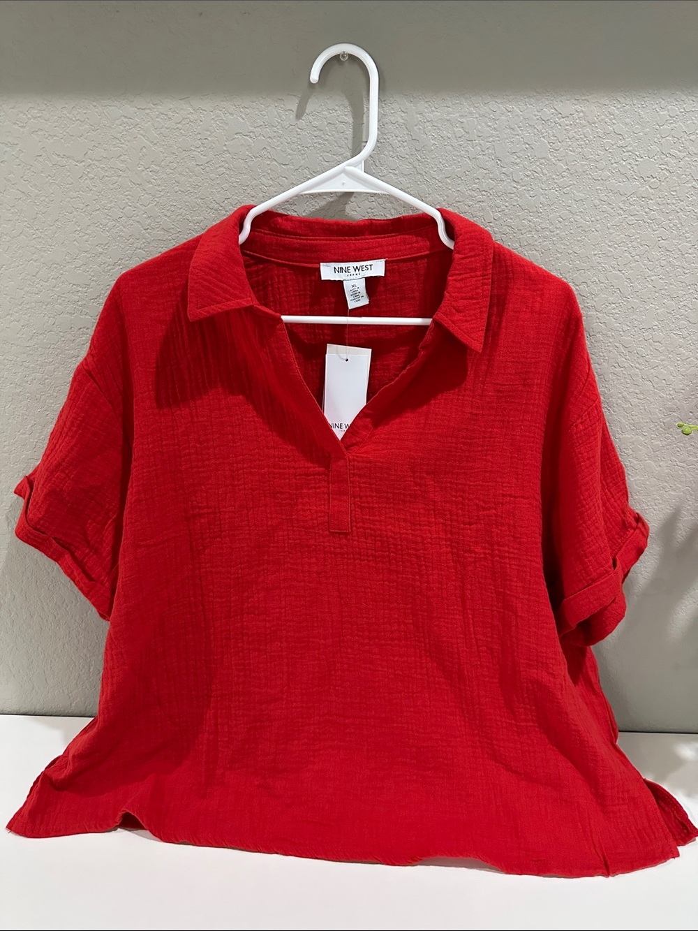 Nine West Bright Red Collared Short Sleeve Tunic - 100% Cotton size‎ XL